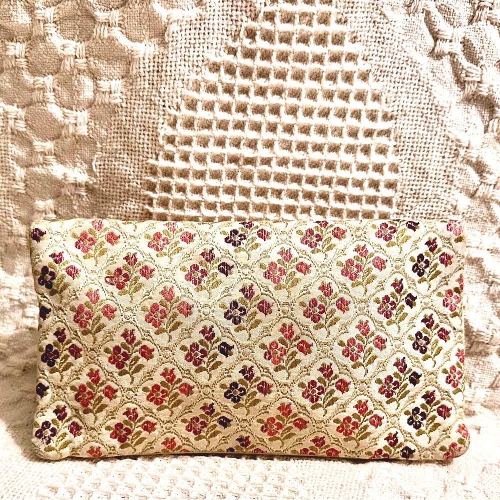Vtg 1960s EK Grab Big Envelope Clutch Leather & Linen One Snap Pocket & Zipper